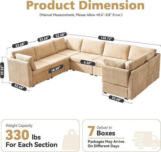 Large 7 Seat Modular Sectional Sofa with Ottoman Seat Corduroy Sleeper Sectional Sofa Bed Oversized Convertible Modular Couch for Living Room
