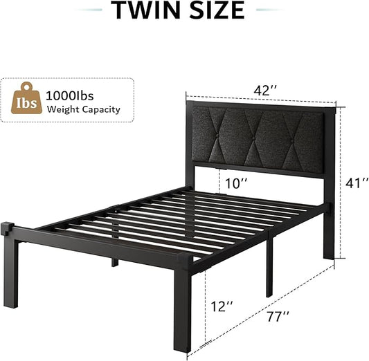 iPormis Twin Metal Bed Frame, Linen Platform Bed with Button Tufted Headboard, Heavy Duty Slats Support, 12" Under Bed Storage, No Box Spring Needed, Easy Assembly, Dark Gray