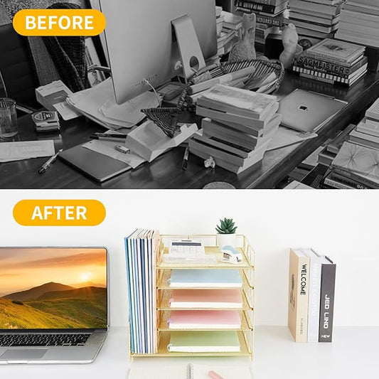 Desk Organizers and Accessories, 5-Tier Paper Letter Tray Organizer with File Holder, Desktop Organizer for Office Supplies (Gold)