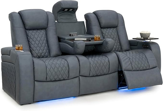 Seatcraft Anthem Italian Leather Sofa w/Fold-Down Table, Living Room, Power Headrest, Power Recline, Smokey Blue