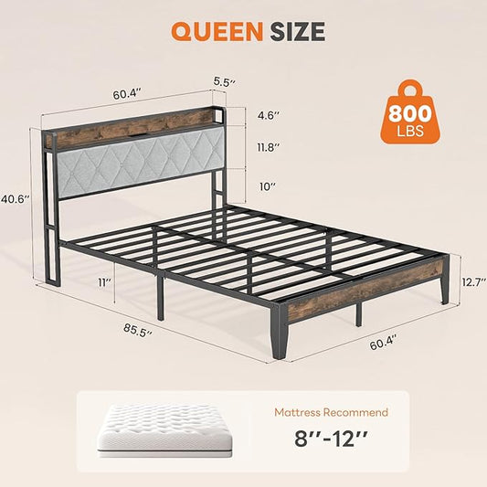 Sweetcrispy Queen Bed Frame with Headboard, Storage Headboard with USB Charging Station, Durable Squeak-Free Frame, Simple No-Tool Assembly,Works with Queen Mattress No Box Spring Needed