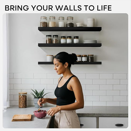 Homeforia Floating Black Shelf 42 inch, High End Solid Real Wood 42 inches Long Floating Shelves for Wall, Black Wooden 42inch Large Floating Shelves, Heavy Duty Bracket, 42 X 6.5 X 1.75 in, Set of 2