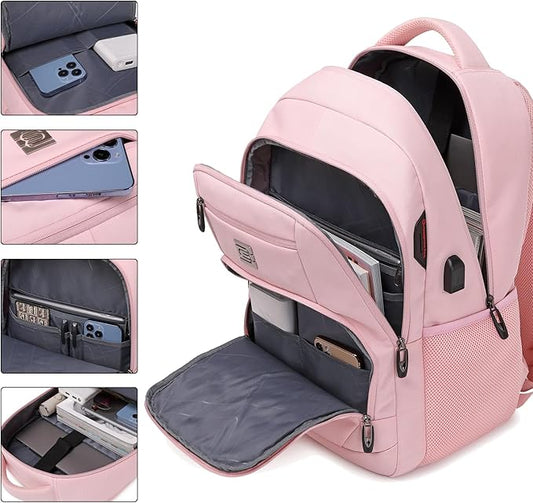 Laptop Backpack,Business Travel Anti Theft Slim Durable Laptops Backpack with USB Charging Port,Water Resistant College Computer Bag for Women & Men Fits 15.6 Inch Laptop and Notebook-Light Pink