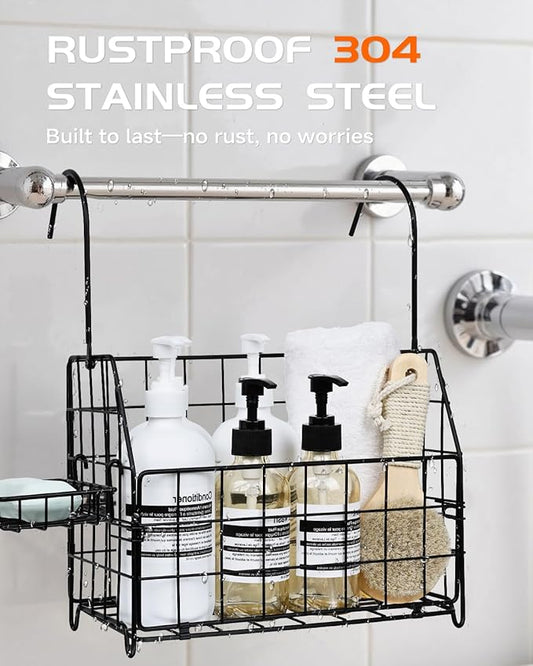 Large Rustproof Shower Caddy Hanging, 304 Stainless Steel Hanging Shower Organizer Basket for Bathroom & Bathtub, Over the Rod Shower Rack for Shampoo, Conditioner, Soap & Bath Accessories(Black)