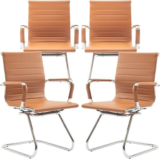 Office Desk Chair Set of 4,No Wheels PU Leather Computer Chairs Mid Back Guest Chairs with Seld Base for School/Reception/Conference/Waiting Room, Terracotta