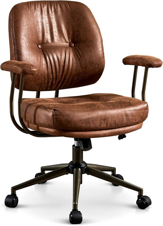 ovios Ergonomic Office Chair, Mid Back Faux Leather Executive Chairs with Thick Cushion, Comfy Mid-Century Modern Swivel Rolling Computer Armchair (Dark Brown, Suede Leather)