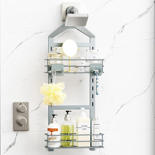 Orimade Adjustable Anti-slip Shower Caddy over Shower Head, Rustproof Bathroom Hanging Organizer with 2 Hooks for Razor, No Drilling Shelves Storage Rack 2 Tier, Light Grey