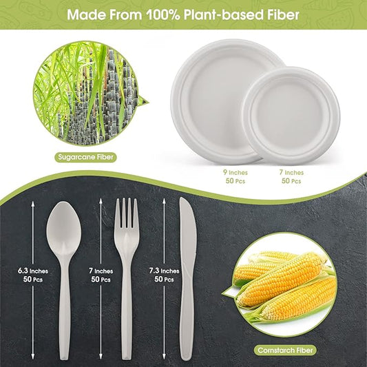 Fuyit 250Pcs Compostable Paper Plates with Cutlery Set, Disposable Biodegradable LONG Utensil Eco-Friendly Dinnerware Includes Plates, Fork, Knife & Spoon for Party, Camping, Picnic (White)