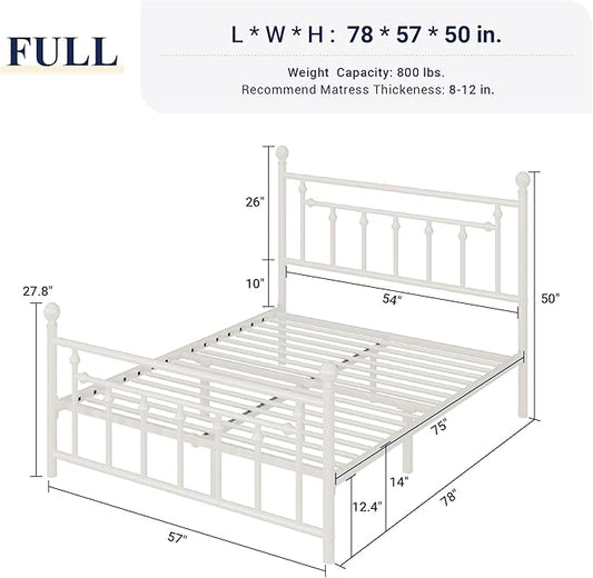 Allewie 14 Inch Full Size Metal Platform Bed Frame with Victorian Vintage Headboard and Footboard/Mattress Foundation/Under Bed Storage/No Box Spring Needed/Easy Assembly/Noise Free/White