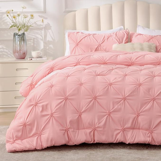 BEDELITE Pink Twin Comforter Set - 2 Peices Boho Pintuck Bedding Comforter Sets, Lightweight Soft & Warm Twin Bedding Sets with 1 Pillowcase for All Season