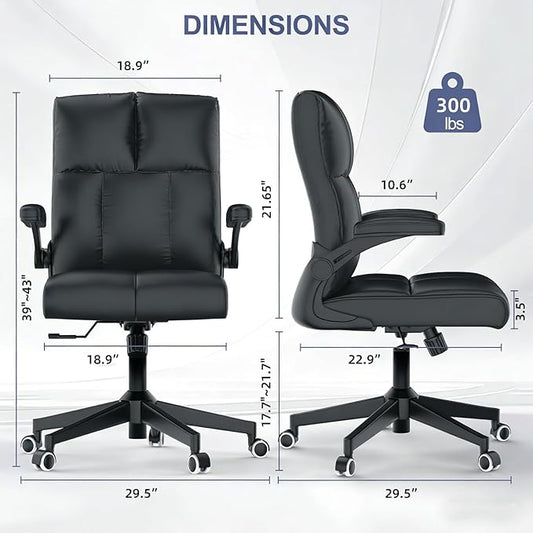 Ergonomic Home Office Chair with Space Saving Flip-Up Arms, 360° Swivel & Reclining Back, High-Back Executive Chair in Soft Faux Leather Chair Multi-Angle from 90° to 135° with 450LBS Capacity(Black)