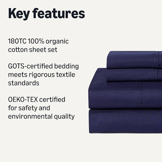 Amazon Basics Organic Cotton Sheet Set with 2-Pieces Pillowcase, Navy Blue, King