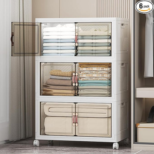 Extra Large Stackable Storage Bins with Lids & Wheels & Door, 336QT-112QT/28GAL*3Pack Foldable Collapsible Closet Organizers, Plastic containers drawers for bedroom Dorm