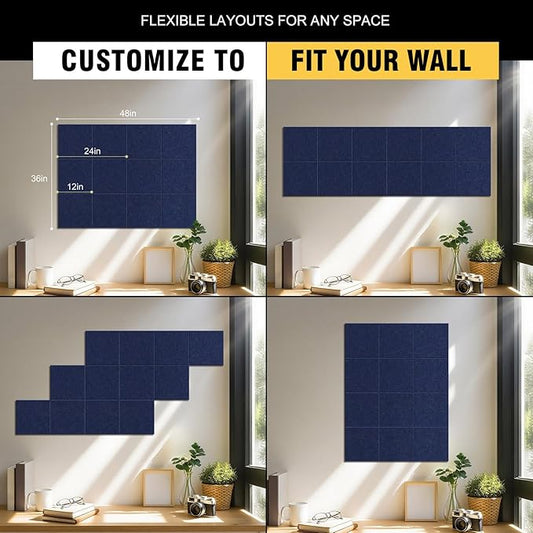 TSJOFFICE Large Cork Board for Wall - 48" x 36" Bulletin Board with 50 Pushpins for Office Decor, Pin Board 12 Pack Felt Wall Tiles with Safe Removable Adhesive Tabs, Corkboard for Home - Navy Blue