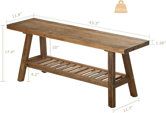 Reclaimed Solid Wood Bench-43.3" Farmhouse Entryway Bench with Storage Shelf, Narrow Rustic Bench for Hallway, Kitchen, Bedroom, Dining