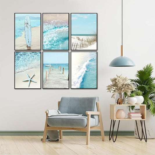 6Pcs Blue Seascape Beach Wall Art Summer Tropical Ocean Coastal Canvas Wall Decor Starfish Bridge Boat Surfboard Painting Prints Surfers Pictures Trendy College Preppy Dorm Posters Unframed