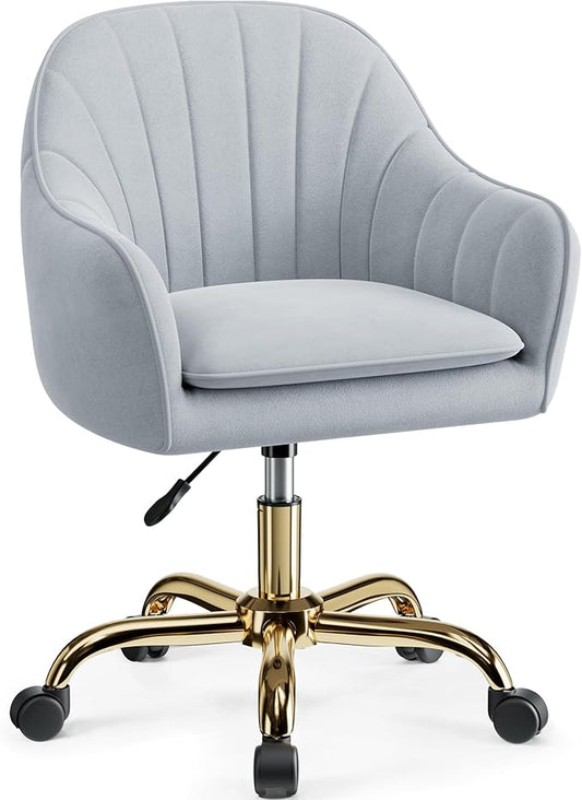 Vanity Chair with Wheels, Comfy Home Office Desk Chairs Adjustable Modern Velvet Makeup Vanity Chairs for Bedroom Living Room-Gray
