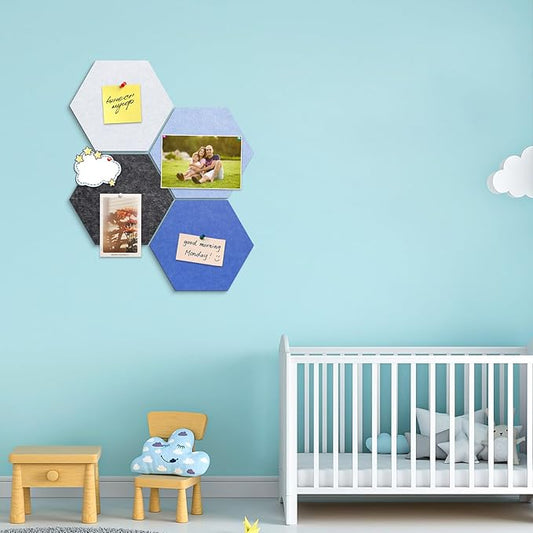 12" Large Bulletin Board with 15 Push Pins, Pack of 4 Hexagon Felt Pin Board Notice Boards for Home Office, Felt Wall Tiles for Photos Memos (Blue Grey)