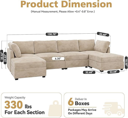 Large 6 Seat Modular Sectional Sofa with Ottoman Seat Corduroy Sleeper Sectional Sofa Bed Oversized Convertible Modular Couch for Living Room