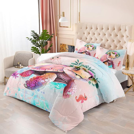 CVHOUSE Kawaii Sea Turtle Comforter Set Twin Size, Tie Dye Turtle Quilt Set, Ocean Decor 3 Pieces