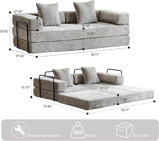 Convertible Floor Sofa Bed with Fixed-Shape Frame, Modular Chenille Folding Mattress Couch with Armrest, Floor Sofa Lounge Couch for Living Room Bedroom Lounge Studio,Light Grey