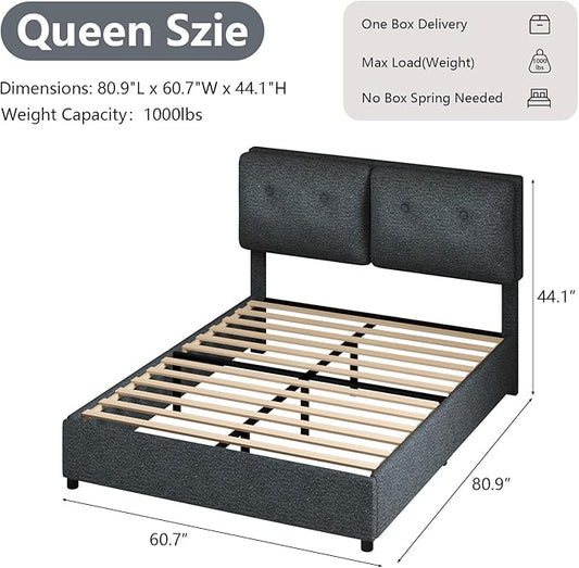 Queen Bed Frame with Headboard, Cloud Boucle Upholstered Bed Frame, Modern Soft Style, Adjustable Headboard, No Box Spring Needed, Easy Assembly, Dark Grey