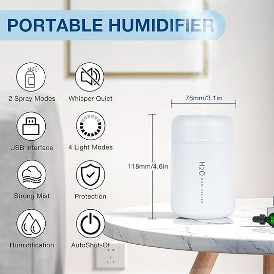 Portable Mini Humidifier, 300ml USB Cool Mist Small Humidifier with Colorful Lights. Perfect for Bedroom, Office, Plants, travel & Car (White)