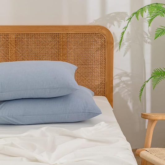 BESTOUCH 100% Washed Cotton Pillowcase for Hair and Skin Linen Feel Soft Comfortable Breathable 2 Set Pillow Case with Envelope Closure Solid Cornflower Blue King 20x36 Inches
