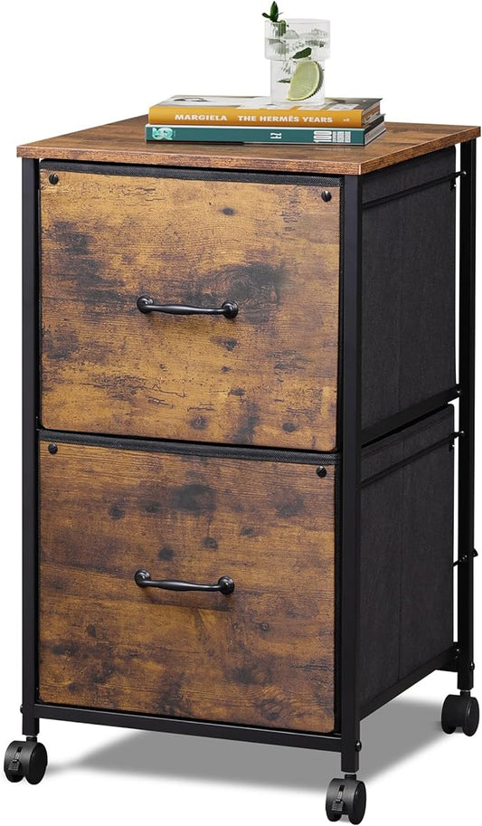 DEVAISE 2 Drawer Mobile File Cabinet, Rolling Printer Stand, Fabric Vertical Filing Cabinet fits A4 or Letter Size for Home Office, Rustic Brown Wood Grain Print