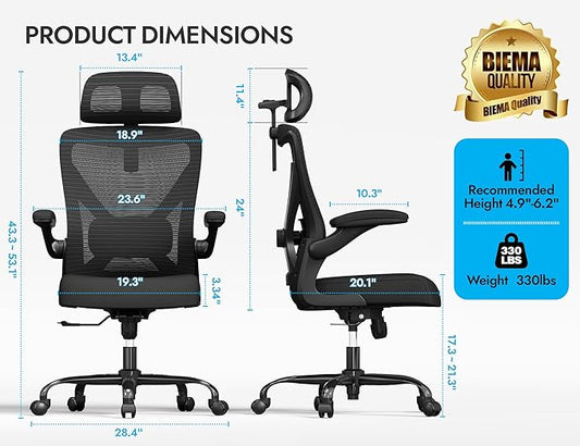 Ergonomic Office Chair - Mesh Desk Chair with Adjustable Lumbar Support High Back Computer Gaming Chairs - Big and Tall Office Chairs Adults, Comfortable for Long Hours, Black