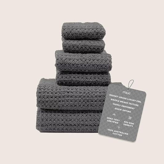 Italic Sedona Waffle Towel Set, 6-Piece 410 GSM 100% Cotton Set Includes 2 Bath Towels, 2 Hand Towels & 2 Washcloths, Quick-Drying (Charcoal)