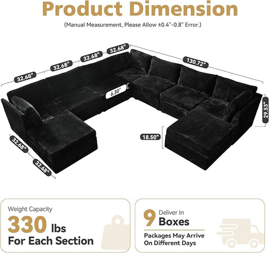 Large 9 Seat Modular Sectional Sofa with Ottoman Seat Corduroy Sleeper Sectional Sofa Bed Oversized Convertible Modular Couch for Living Room