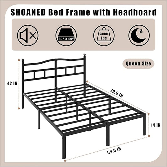 14 Inch Metal Bed Frame - Queen Size Heavy Duty Bedframe with Headboard Black Basic Steel Slats Platform No Box Spring Needed/Easy Assembly/Noise Free