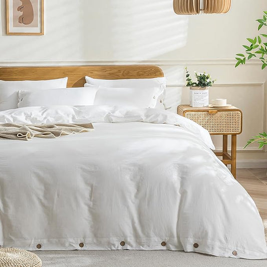 JELLYMONI Cotton Duvet Cover Oversized King Size - Bright White Comforter Cover with Button 100% Washed Cotton 3PCS Breathable Soft Solid Bedding Set Duvet Cover 120×98in & 2 Pillowcases (NO Insert)