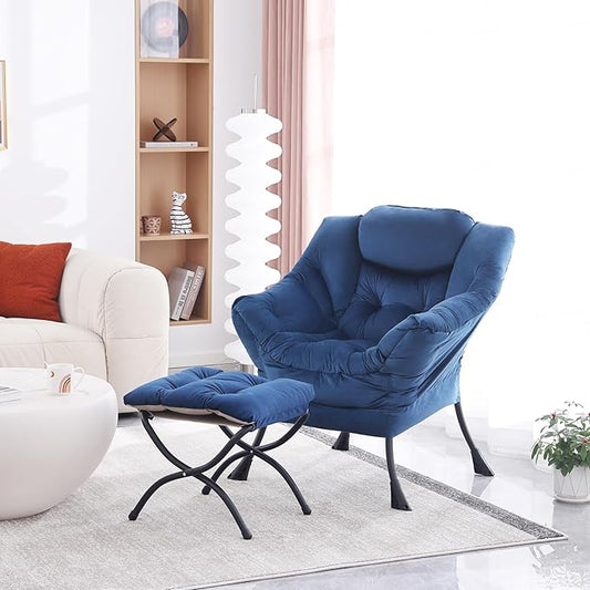 Lazy Chair with Folding Ottoman, Modern Accent Lounge Armchair with Armrests and a Side Pocket & Foldable Footstool, Leisure Reading Chair for Living Room, Bedroom, Dorm & Office, Royal Blue