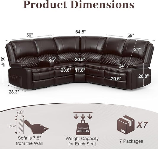 Home Theater Seating Reclining Sectional Sofa, 5 Seats Soft Leather Recliner Corner Sectional Couch, Recliner Couch with USB Charging, Thickened Padding, Sturdy Frame, Brown