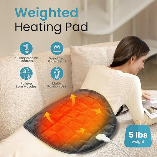 NOWWISH 5lbs Weighted Heating Pad for Women, Electric Heated Weighted Blanket with 6 Heat Settings, Timer & Auto Shut-Off, Relief for Period Cramps, Back Pain, Lap, Machine Washable, 29x24 inch, Grey