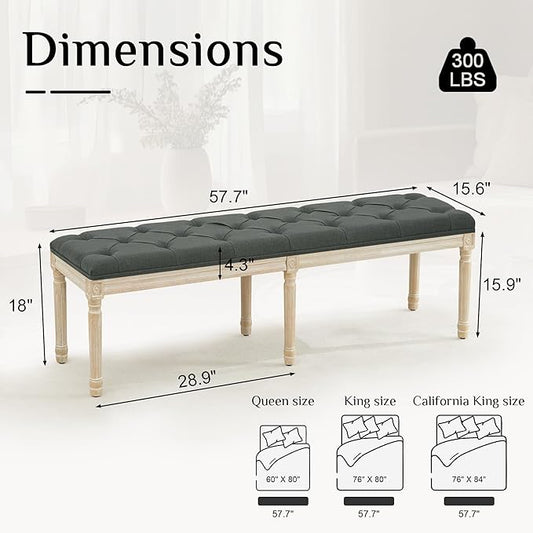 LOULENS 57.7" Linen Fabric End of Bed Bench, French Upholstered Button Tufted Bench for Bedroom End of Bed, Window Seat with Carved Wood Legs for Bedroom, Living Room, Entryway, Dark Grey