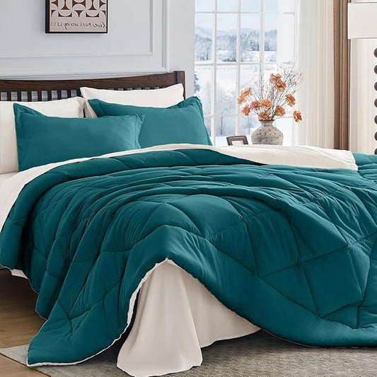 HEVUMYI Queen Comforter Set - 7-Piece All Season Bed in a Bag Queen, Ultra Soft Bedding Set with Comforter, Flat Sheet, Fitted Sheet, Pillowcases, Pillow Shams, Peacock Blue & Ivory