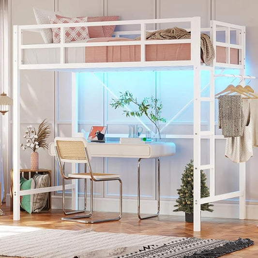 DICTAC Loft Bed Twin Size with Ladder and Guardrail,Metal Twin Loft Bed for Kid/Teen with Led Lights,Small Space Saving Furniture Design for Bedroom,Kid Room and Dorm,No Box Spring Needed, White