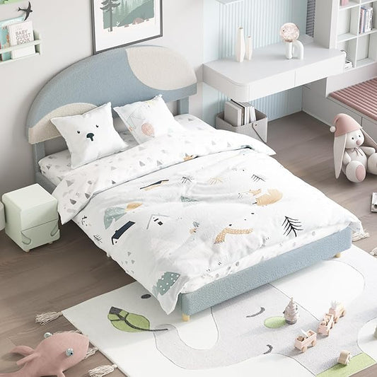 Garvee Full Bed Frame with Upholstered Round Boucle Headboard, Arch-Shaped Design in Soft Blue and White, Modern Kids Bed with Wooden Slats, No Box Spring Required and Easy Assembly