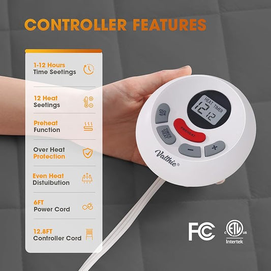 Heated Mattress Pad Twin Size,Electric Mattress Pad with Preheat Functions, Bed Warmer with 12 Heat Settings Controller & 1-12 Hours Auto Shut Off, Machine Washable (39"x75",Grey)