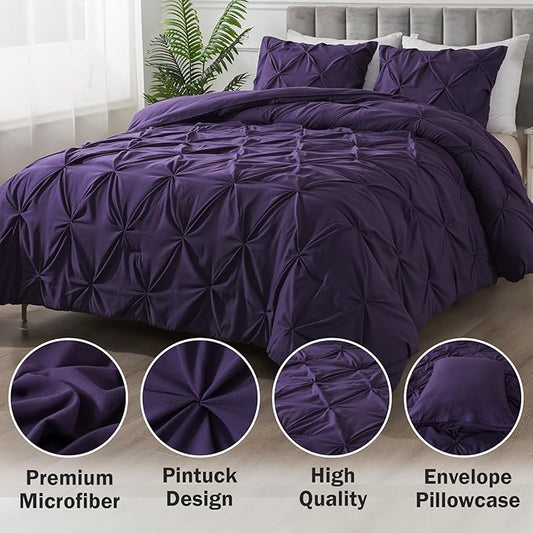 Andency California King Comforter Set Purple (104x96Inch), Pinch Pleat Cal King Comforter Set 3 Pieces, Oversized King Pintuck Bed Comforter, Microfiber Down Alternative Comforter Bedding Set