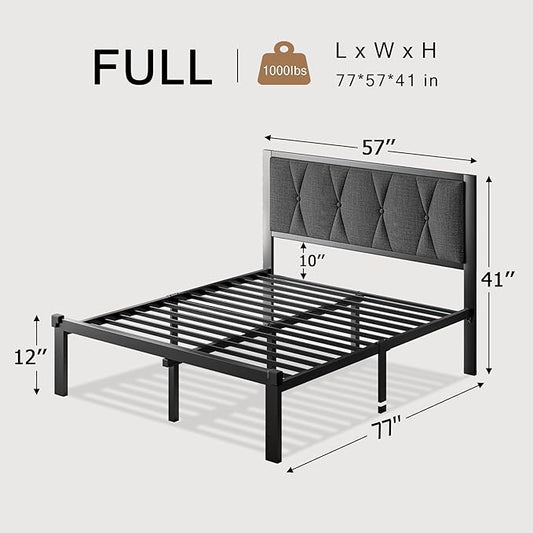 Full Size Metal Bed Frame, Platform Bed with Upholstered Button Tufted Headboard, 12" Underbed Storage, Steel Slats Support, No Box Spring Needed, Easy Assembly, Noise-Free, Dark Grey