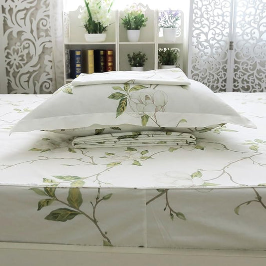 FADFAY White Floral Print Bed Sheet Sets 4-Piece King