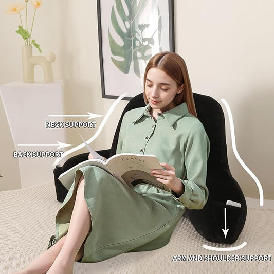 Reading Pillow for Sitting in Bed, Large Backrest Reading Pillow with Arm Rest,Back-Rest Support Cushion for Sit Up on Couch, Sofa, and Floor, Dorm Essentials (Black Faux Fur, Large(19"))