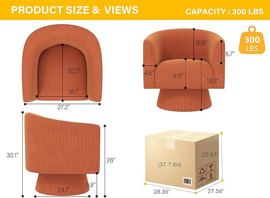 Swivel Accent Chair, Modern 360° Barrel Chair, Corduroy Upholstered Single Sofa for Living Room, Bedroom(Orange)