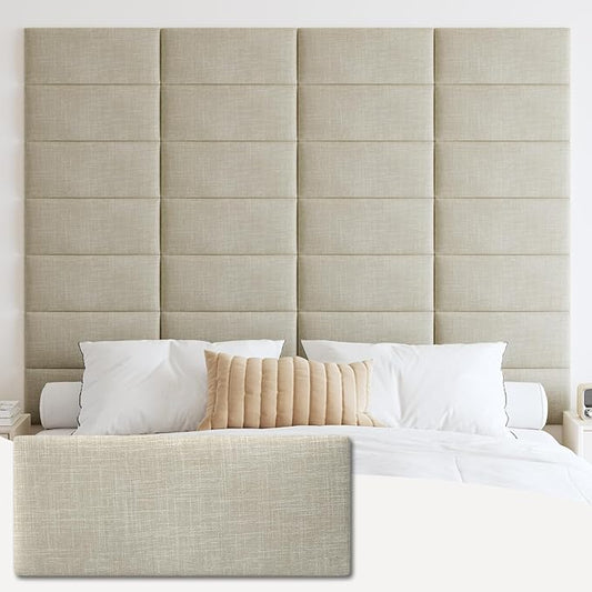IFNOW Upholstered Wall Mounted Headboard, 3D Soundproof Wall Panels Peel and Stick, Reusable and Removable Tufted Bed Headboard in Beige (12 Panels, 10" x 24")