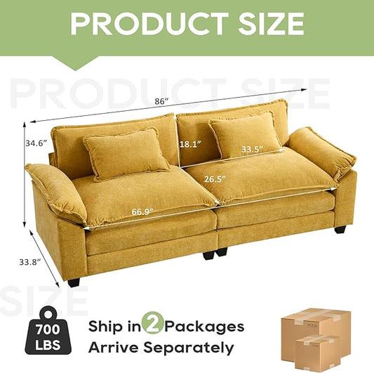 86" Modular Sectional Sofa, Comfy Cloud Couch Sectional Sofa, Chenille Sofa Sleeper Deep Seat Sofa with Throw Pillows for Living Room (Yellow, 86"- Loveseat)