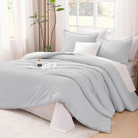 Litanika Comforter Set, Lightweight Solid Bedding Comforter Set, Fluffy Down Alternative Bed Set, Light Grey, Oversized Queen
